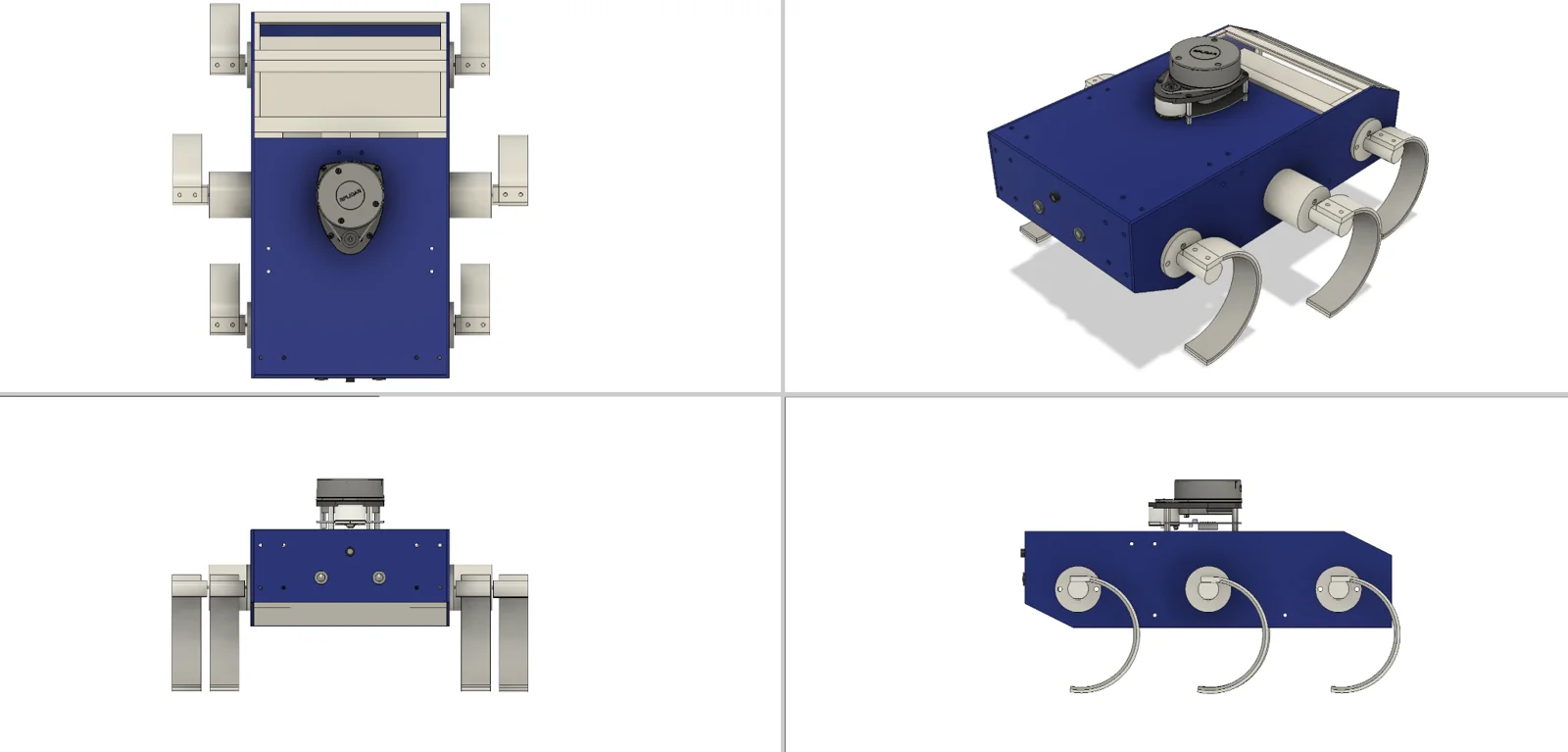 Four CAD views of DR-Hex: top, isometric, front and side.