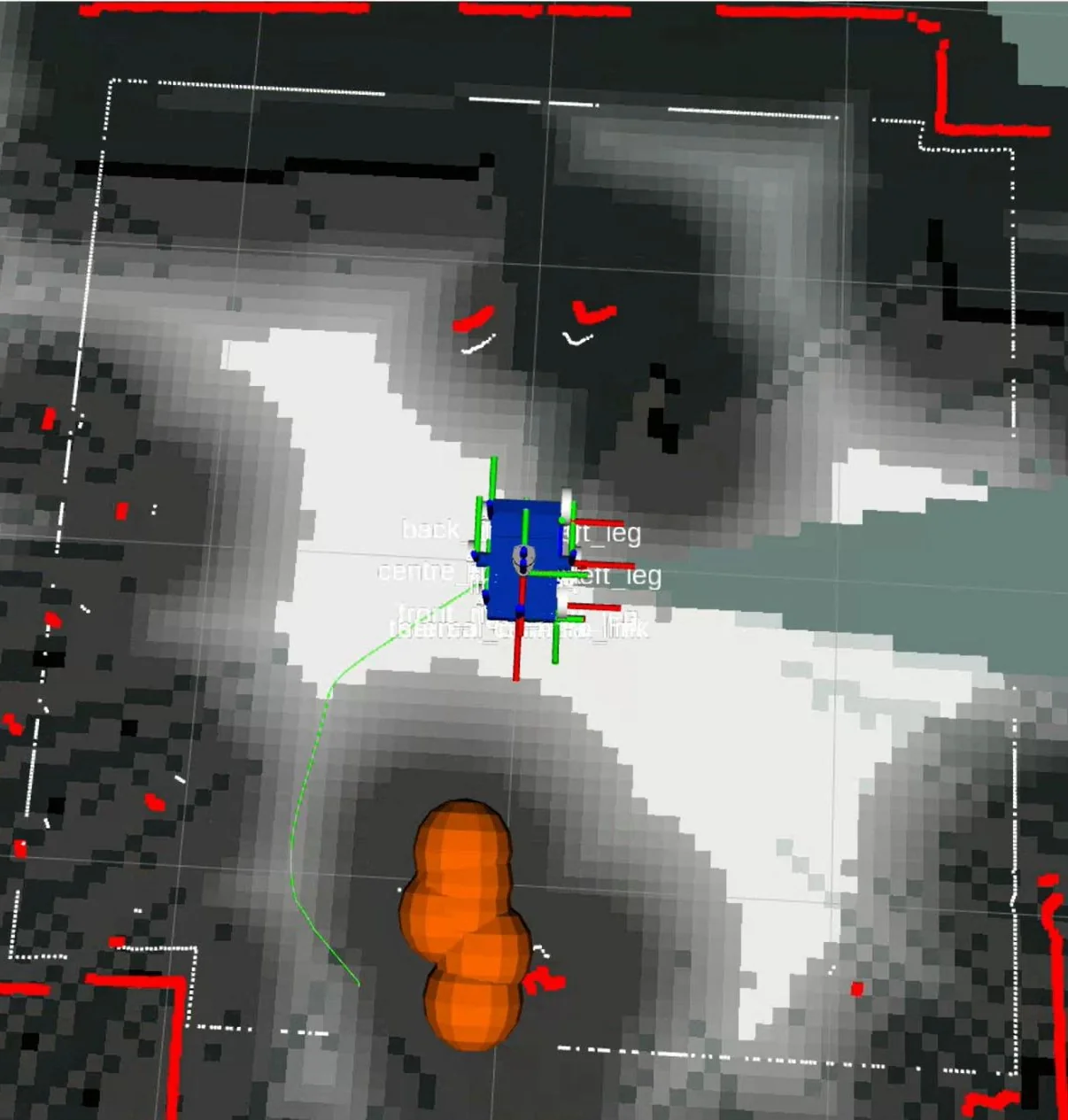 SLAM visualisation showing the robot, mapped surroundings and an orange highlighted region.