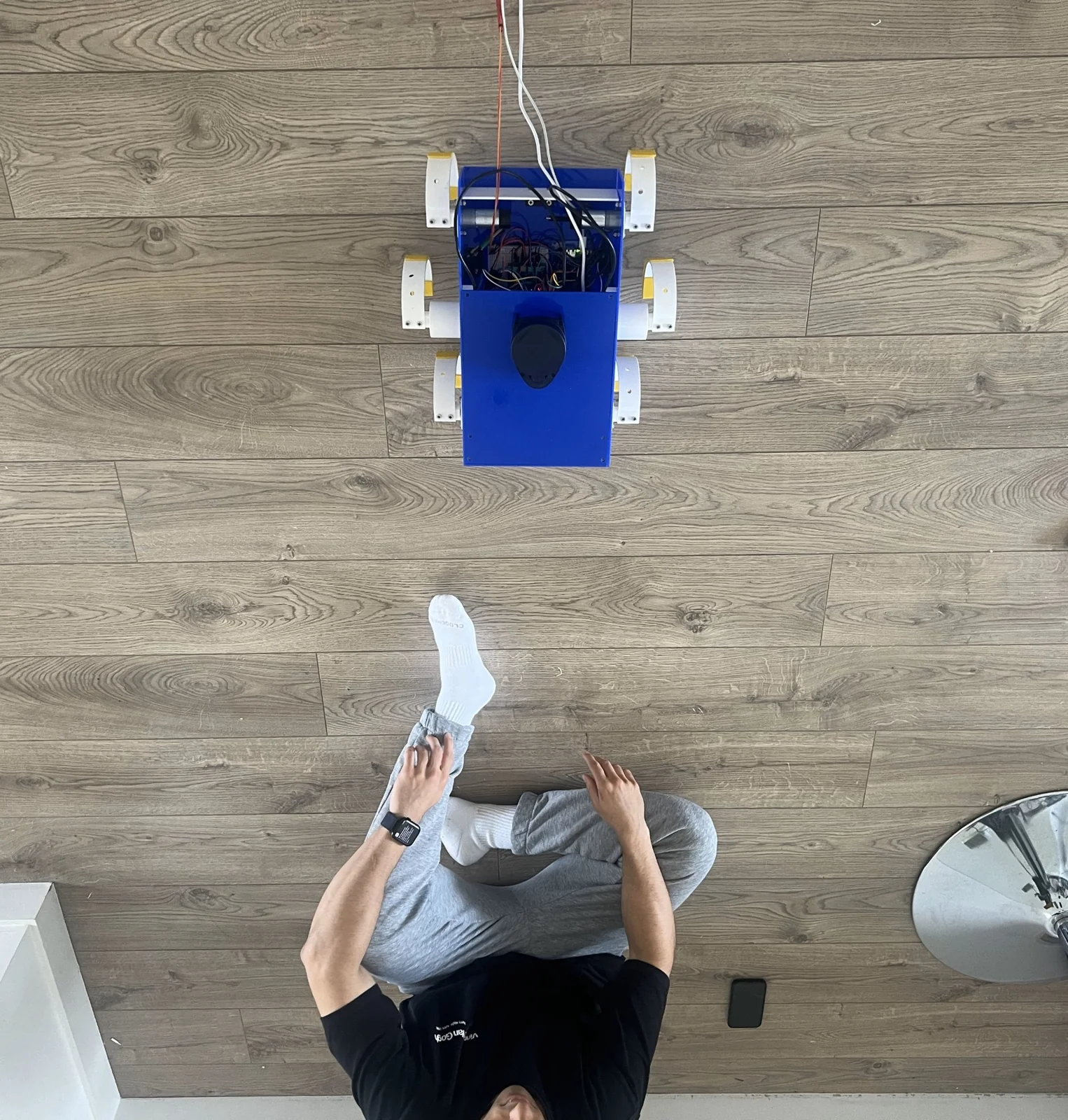 Overhead photograph of DR-Hex facing a seated person during a test.