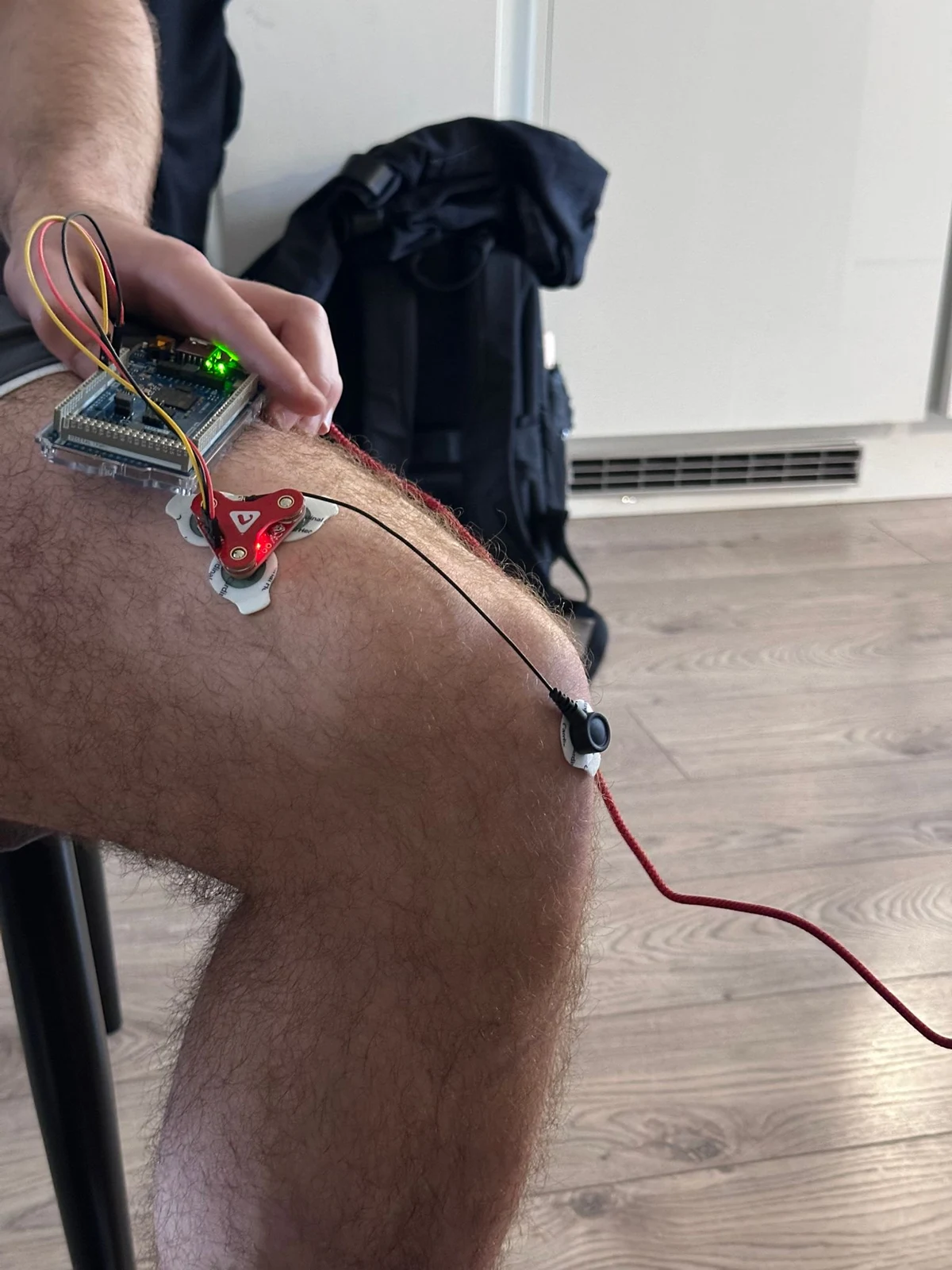 EMG testing setup on the thigh.