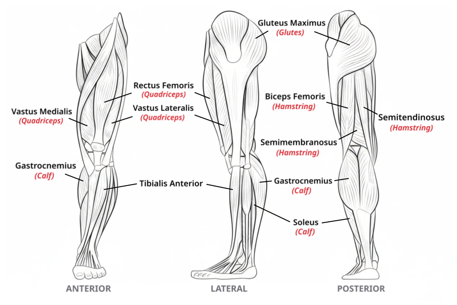 Anatomical reference: annotated leg muscles.