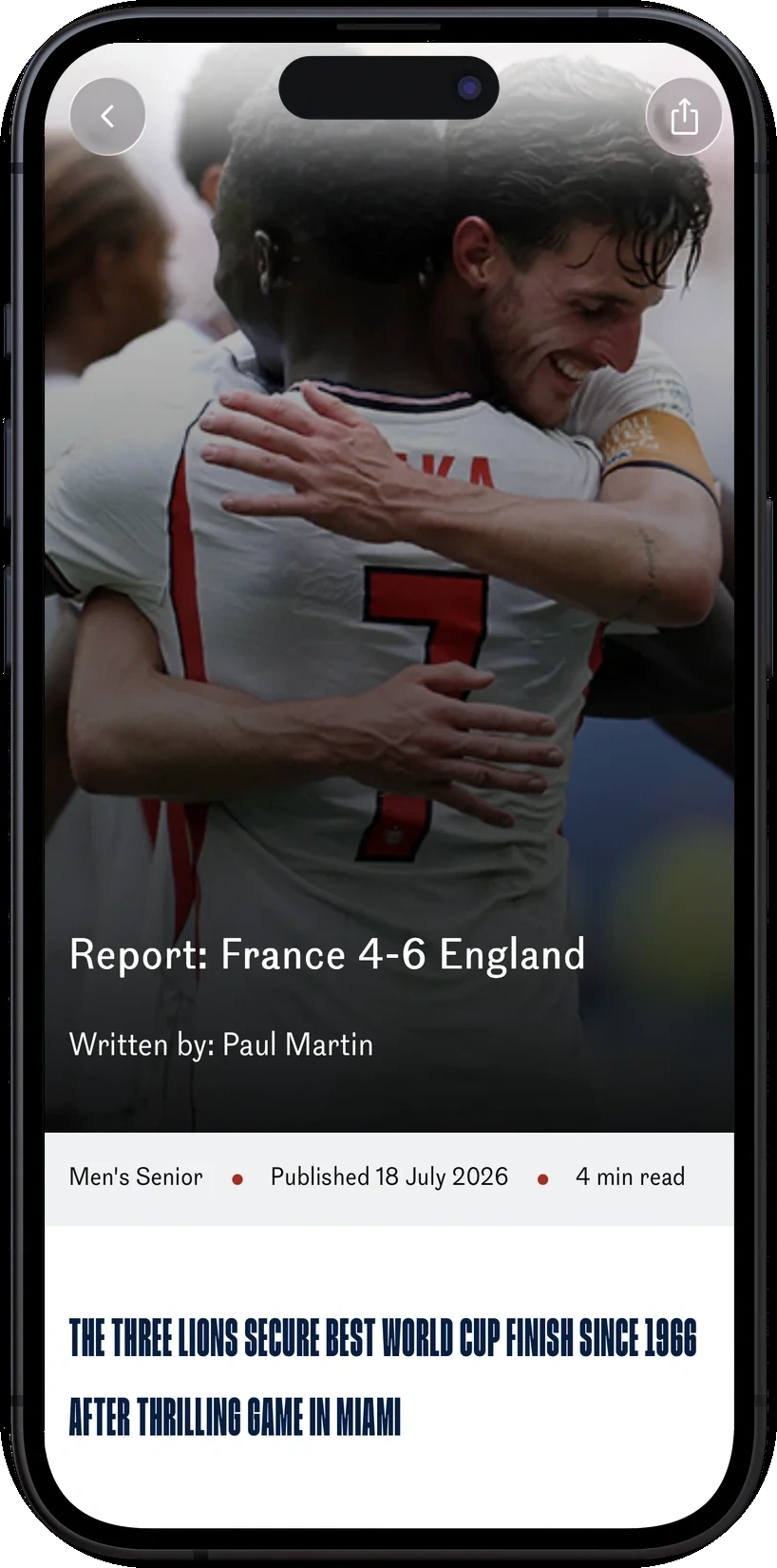 Original England app match report showing Bukayo Saka being embraced