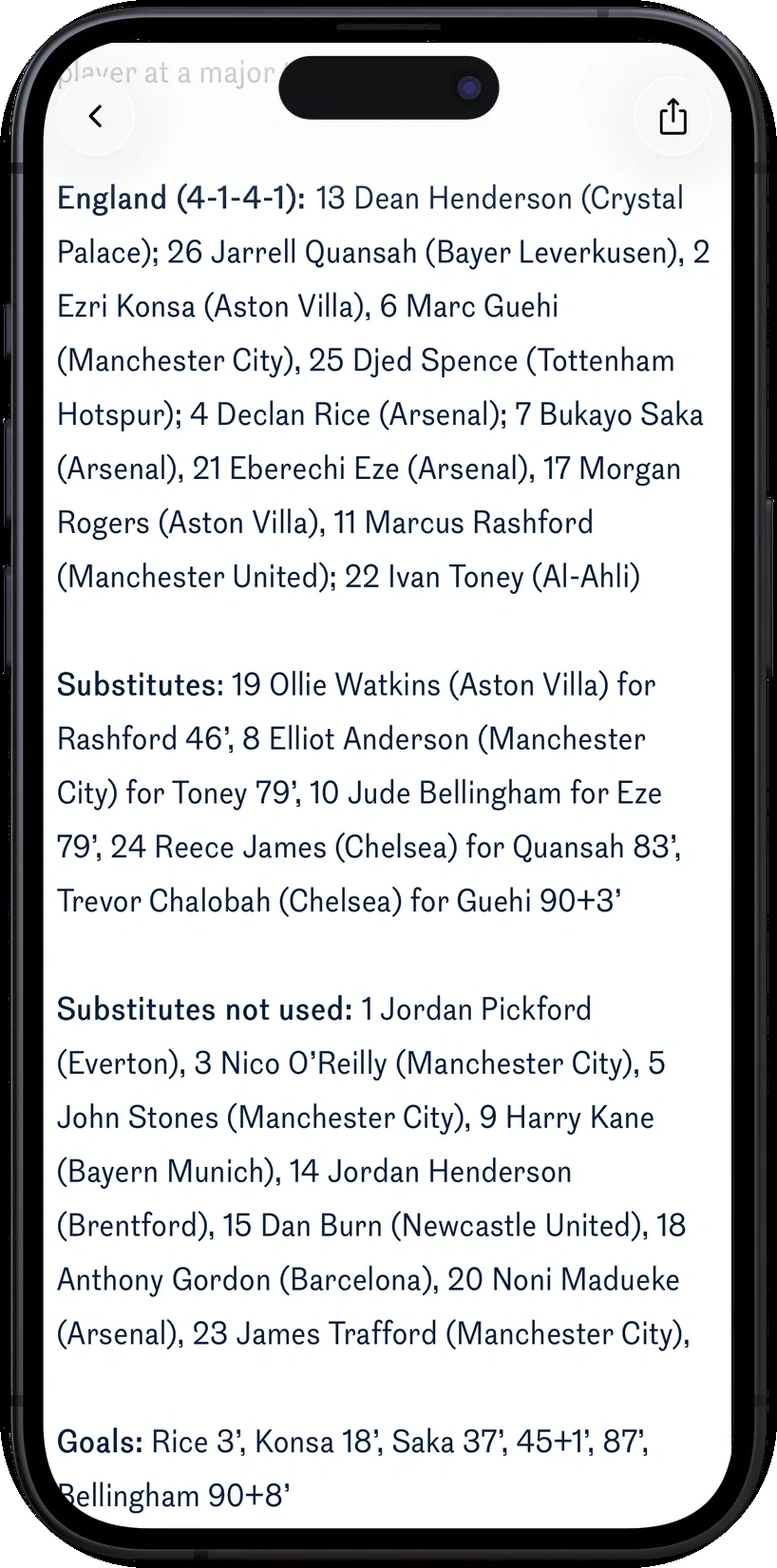 Original England app screen with detailed match-report text, player names and substitutions