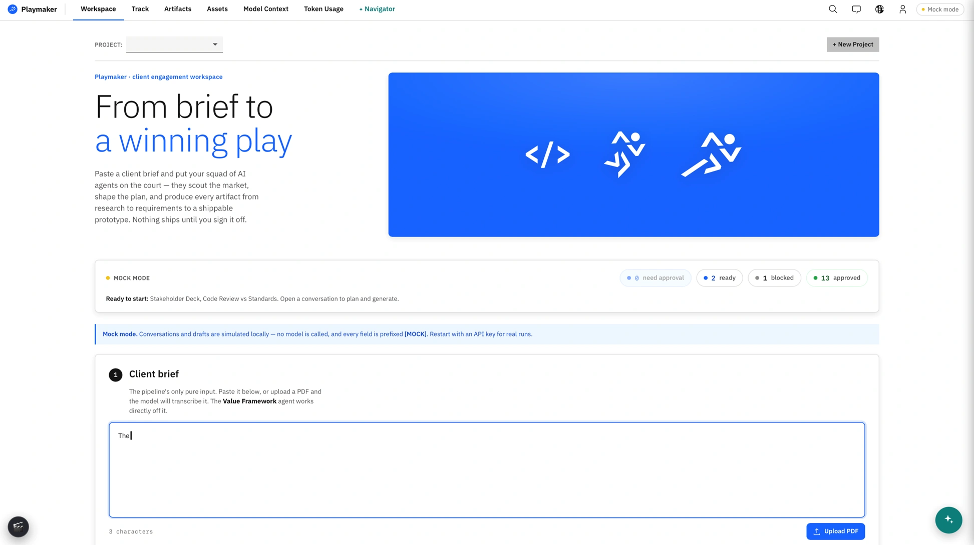 Playmaker workspace showing the client-brief input and Run agent button