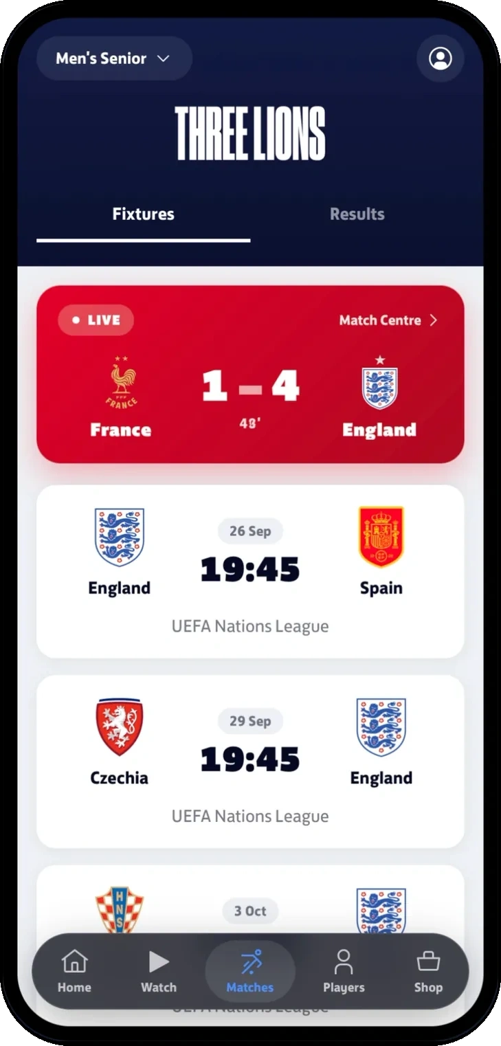 Team prototype of the England app fixtures and results screen