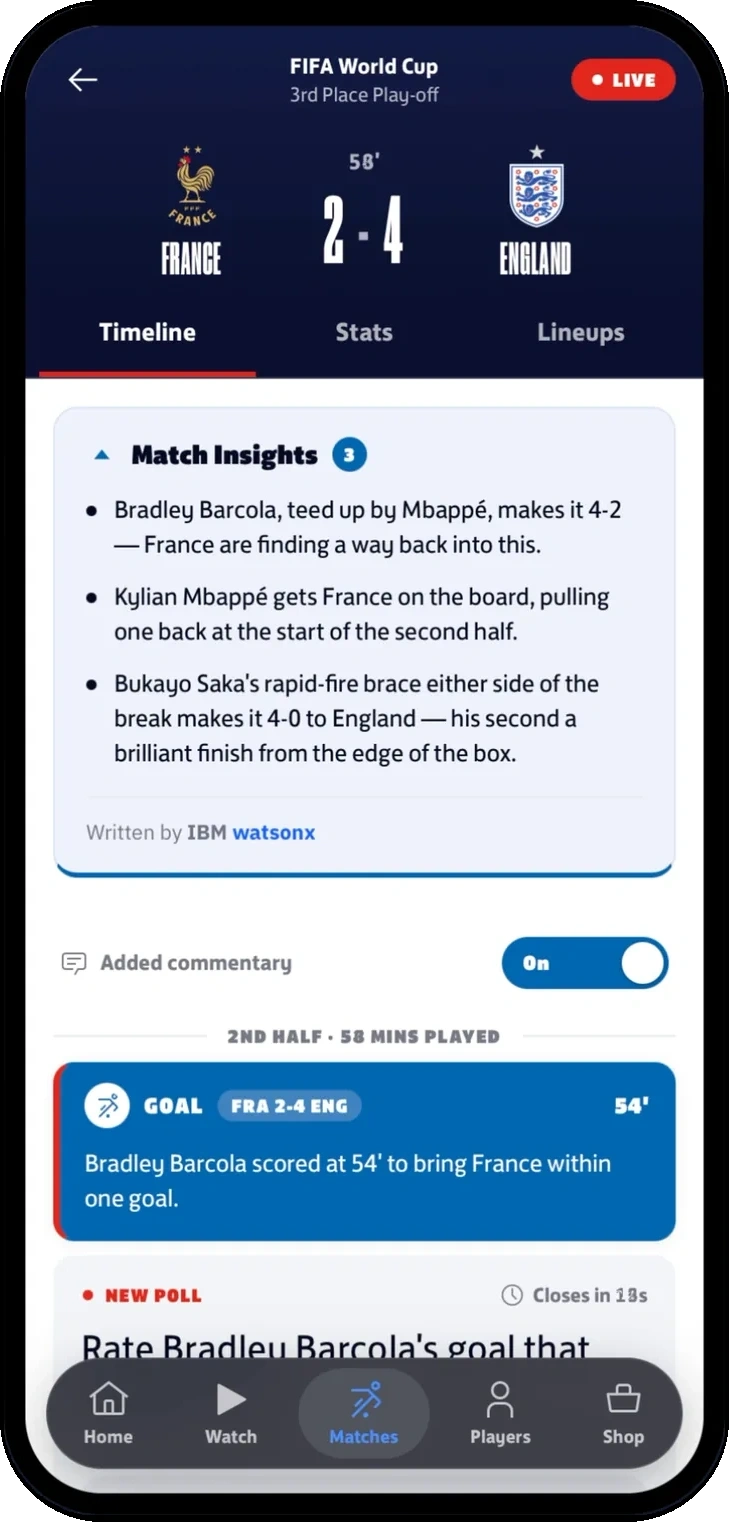 Team prototype match timeline with concise match-insight bullet points