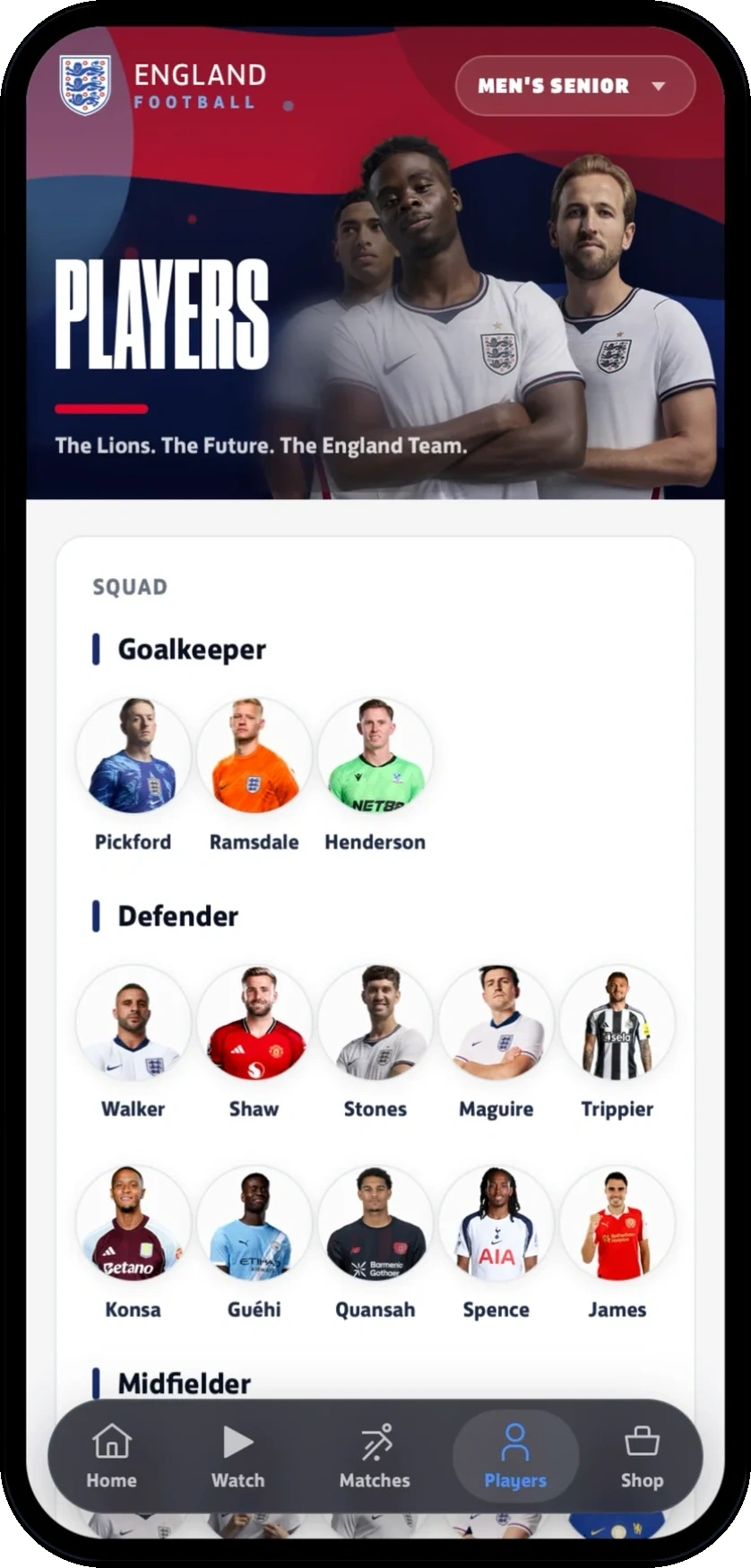 Team prototype player directory with player portraits grouped by position