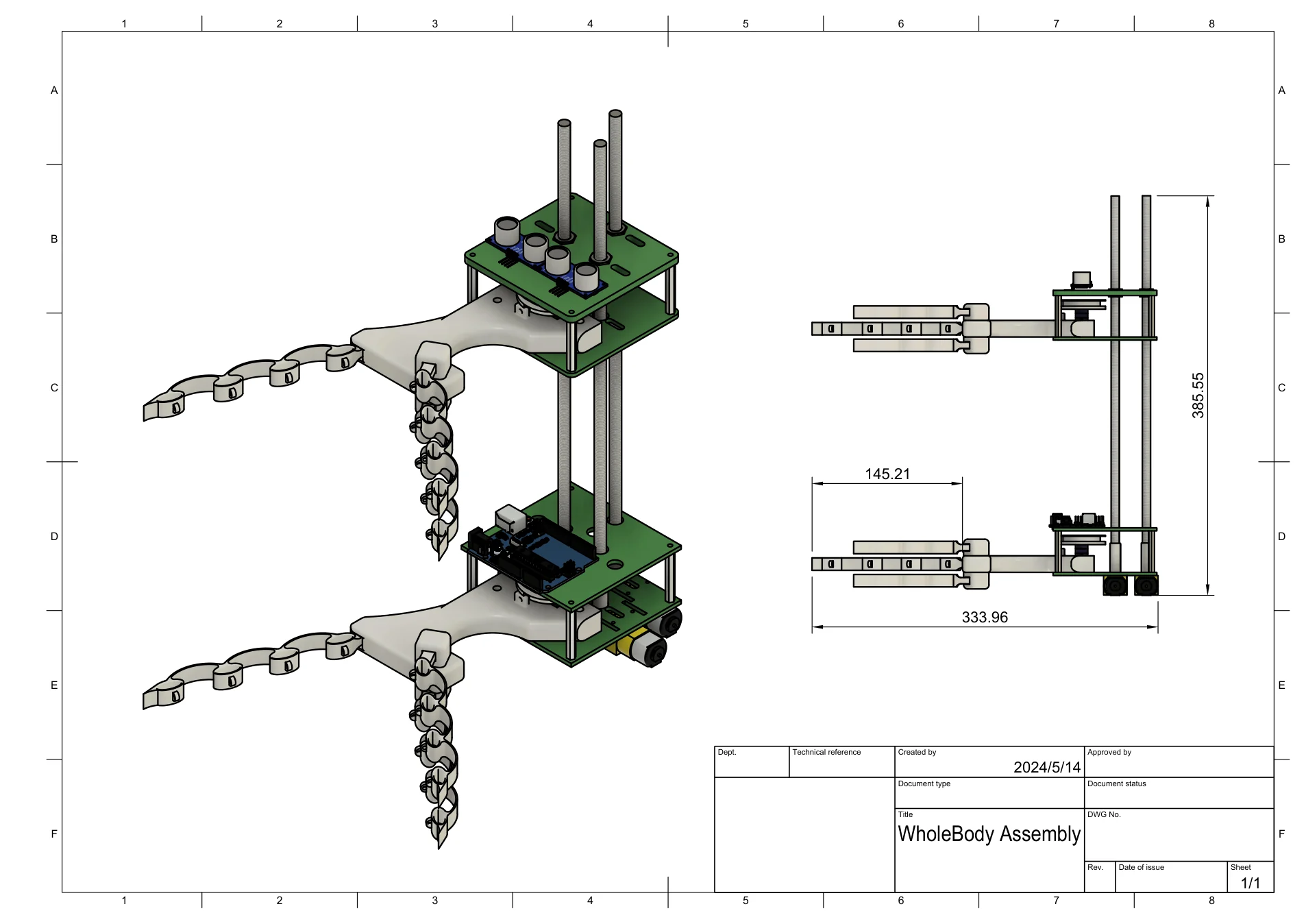 Dimensioned assembly drawing showing the robot with compliant grippers.