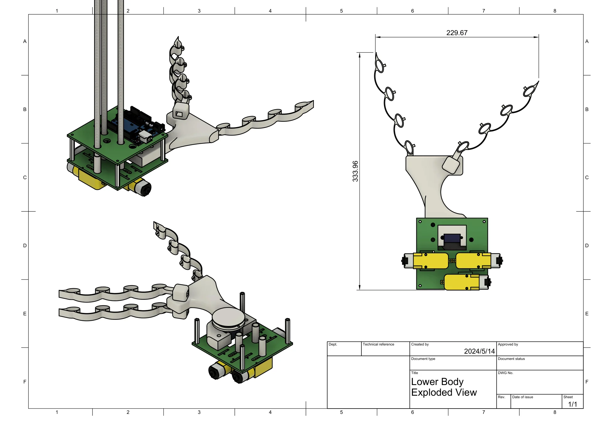 CAD views of the lower body, compliant gripper and motor arrangement.