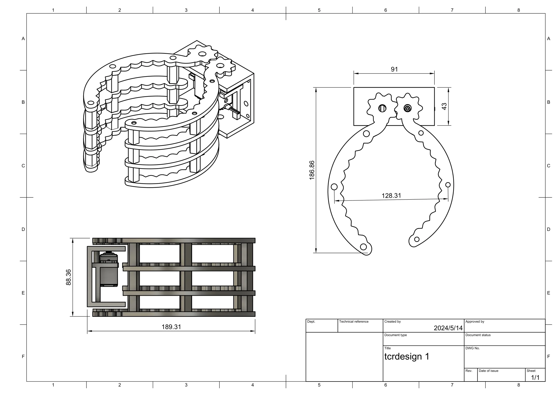 Dimensioned CAD drawing of the earlier rigid gripper.