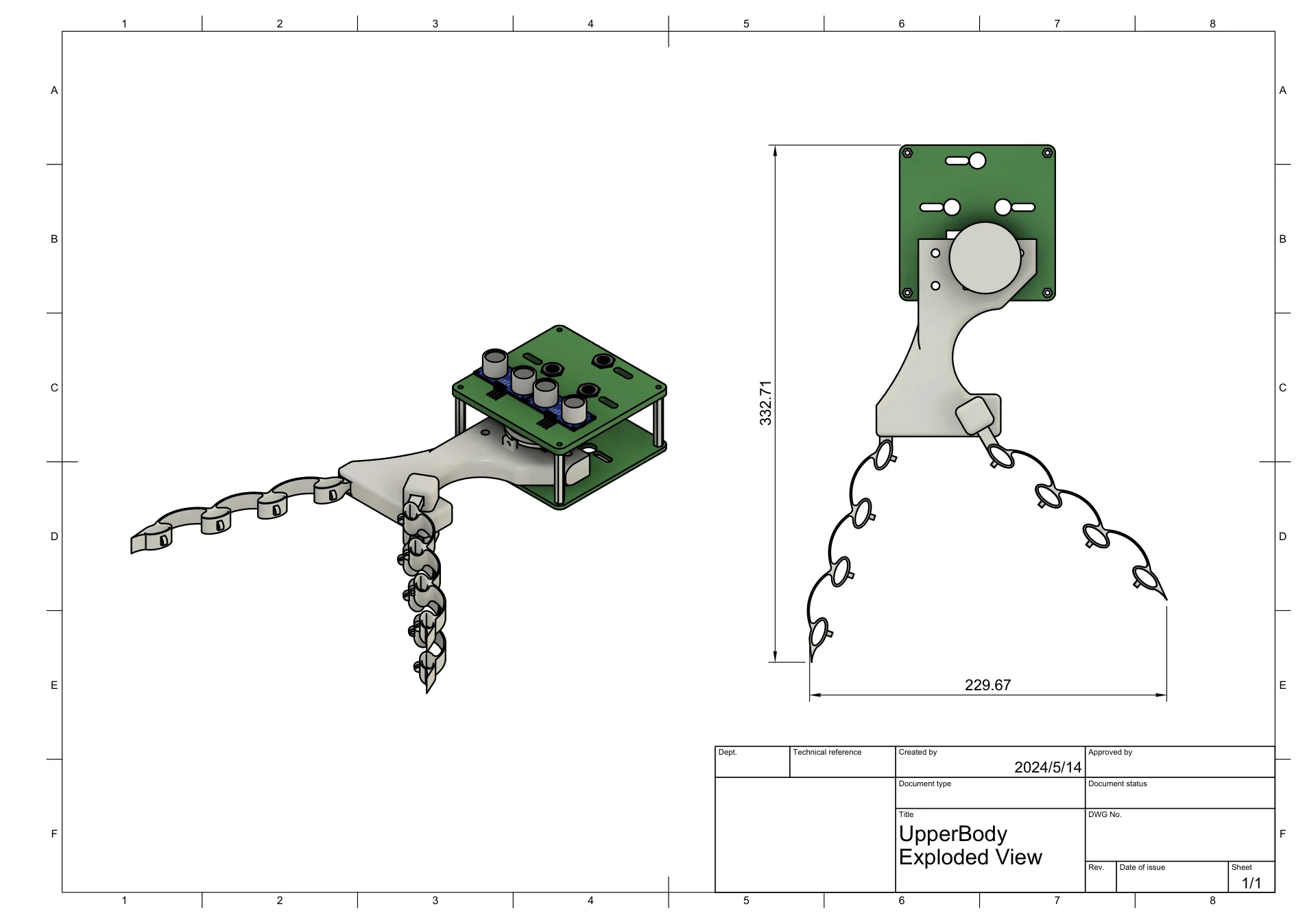 CAD views of the upper body with compliant fingers and ultrasonic sensors.